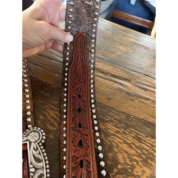 Nocona Hair-On Hide Western Belt M Tooled Leather Inlay Silver Studs - Picture 4 of 7